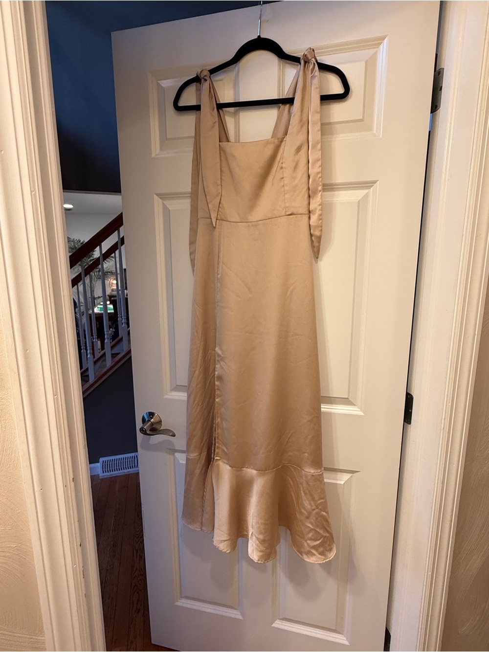 Show Me Your MuMu Champagne Satin Midi Dress with Tie Shoulders